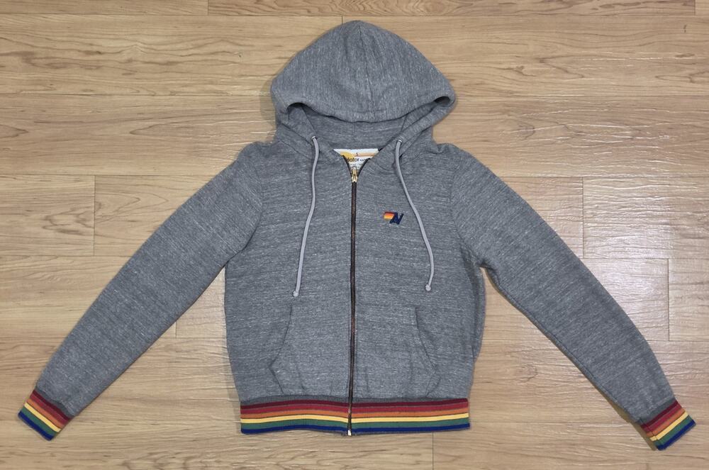Aviator Nation 5 Stripe Zip Hoodie Heather Gray Rainbow Small Zip